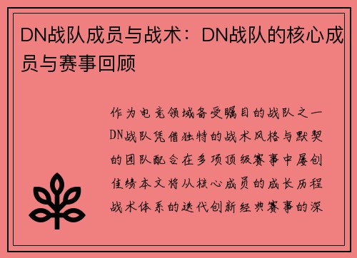 DN战队成员与战术：DN战队的核心成员与赛事回顾